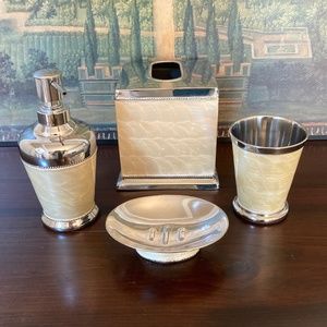 Waverly tissue cover, lotion dispenser, toothbrush cup, soap dish